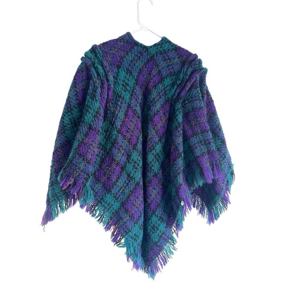 Vintage Weave O’ The Irish Woolf Blend Cape Wrap Knit Purple Plaid Fringe - Picture 5 of 7